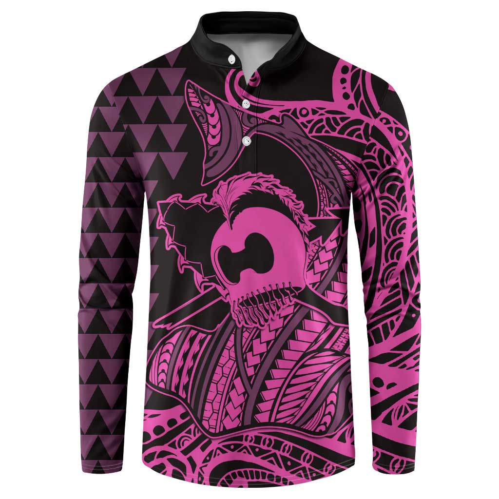 Koa Ikaika Warrior Helmet with Shark Button Sweatshirt Pink Kakau Style LT9 Pink - Polynesian Pride