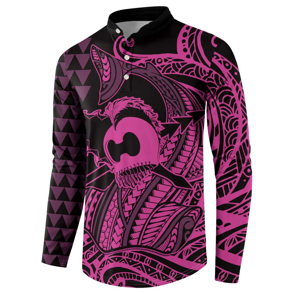 Koa Ikaika Warrior Helmet with Shark Button Sweatshirt Pink Kakau Style LT9 - Polynesian Pride