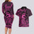 Koa Ikaika Warrior Helmet with Shark Couples Matching Long Sleeve Bodycon Dress and Hawaiian Shirt Pink Kakau Style