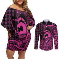 Koa Ikaika Warrior Helmet with Shark Couples Matching Off Shoulder Short Dress and Long Sleeve Button Shirt Pink Kakau Style LT9 Pink - Polynesian Pride