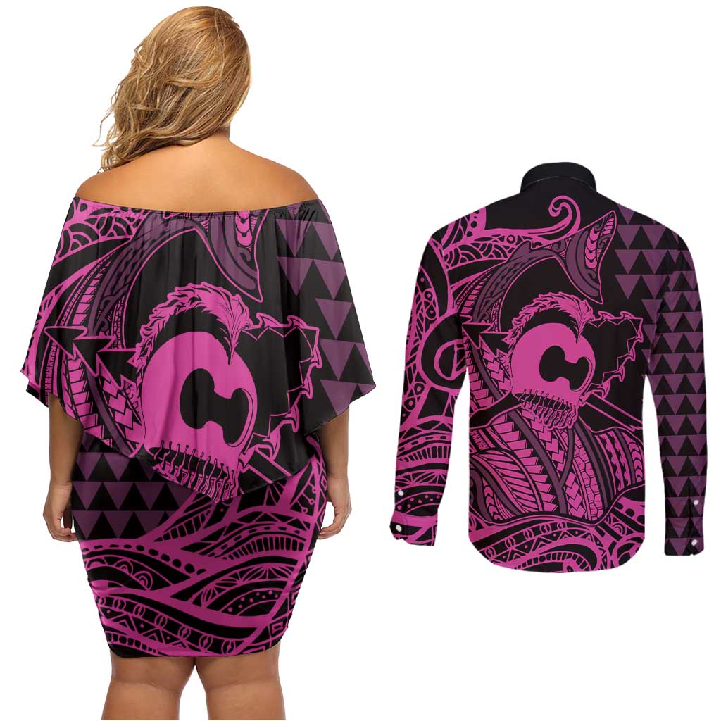Koa Ikaika Warrior Helmet with Shark Couples Matching Off Shoulder Short Dress and Long Sleeve Button Shirt Pink Kakau Style LT9 - Polynesian Pride