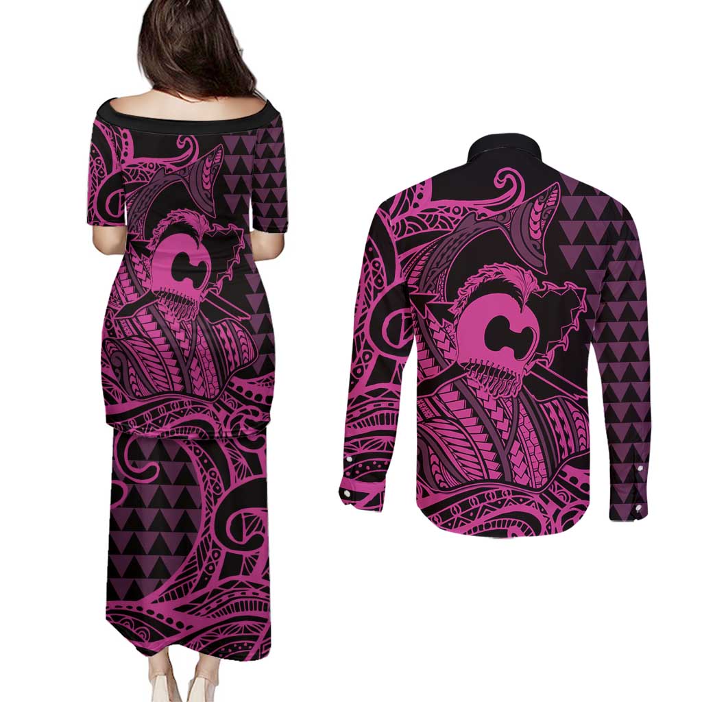 Koa Ikaika Warrior Helmet with Shark Couples Matching Puletasi and Long Sleeve Button Shirt Pink Kakau Style LT9 - Polynesian Pride
