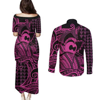Koa Ikaika Warrior Helmet with Shark Couples Matching Puletasi and Long Sleeve Button Shirt Pink Kakau Style LT9 - Polynesian Pride