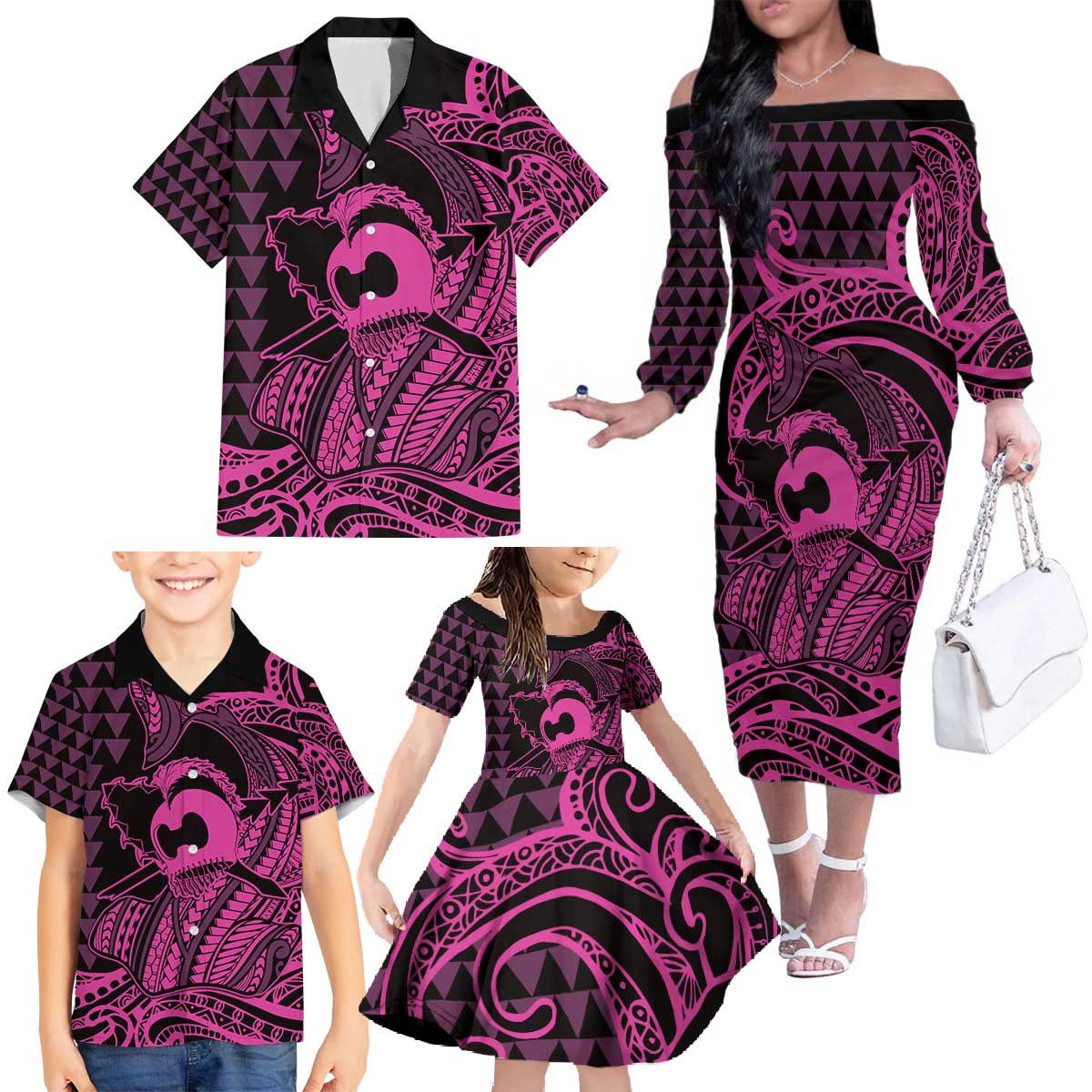 Koa Ikaika Warrior Helmet with Shark Family Matching Off The Shoulder Long Sleeve Dress and Hawaiian Shirt Pink Kakau Style