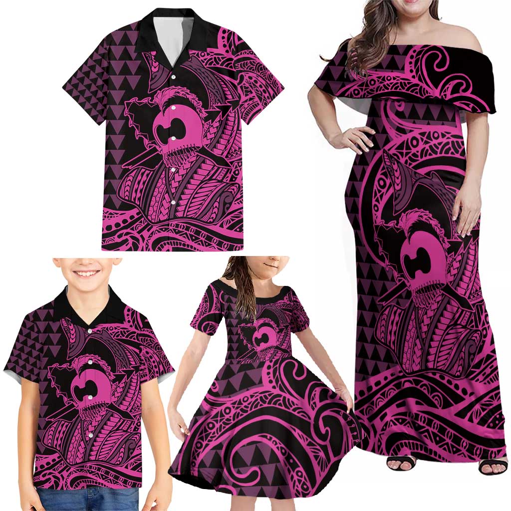 Koa Ikaika Warrior Helmet with Shark Family Matching Off Shoulder Maxi Dress and Hawaiian Shirt Pink Kakau Style