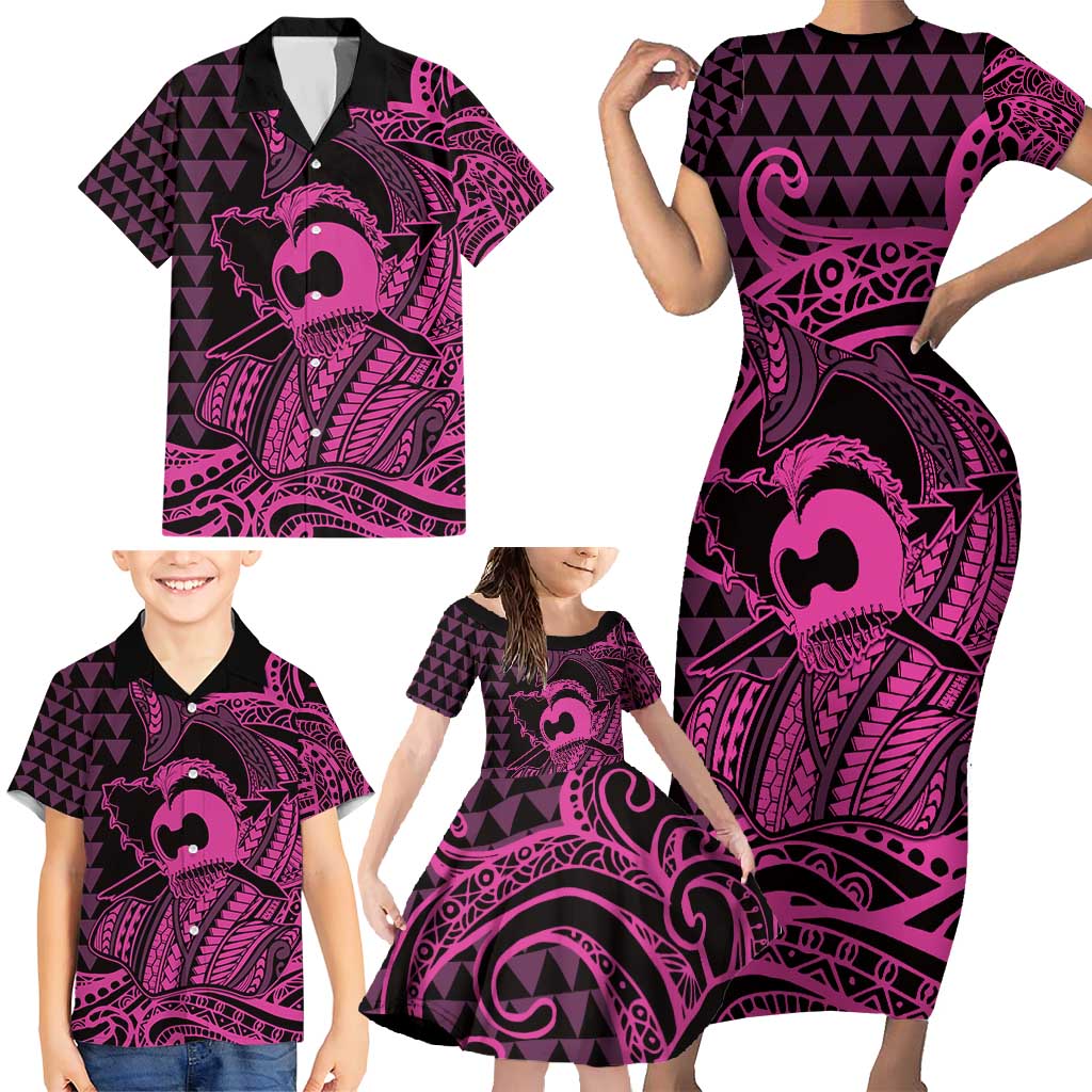 Koa Ikaika Warrior Helmet with Shark Family Matching Short Sleeve Bodycon Dress and Hawaiian Shirt Pink Kakau Style