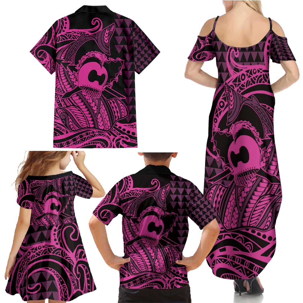 Koa Ikaika Warrior Helmet with Shark Family Matching Summer Maxi Dress and Hawaiian Shirt Pink Kakau Style