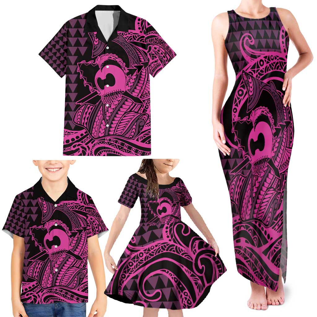 Koa Ikaika Warrior Helmet with Shark Family Matching Tank Maxi Dress and Hawaiian Shirt Pink Kakau Style