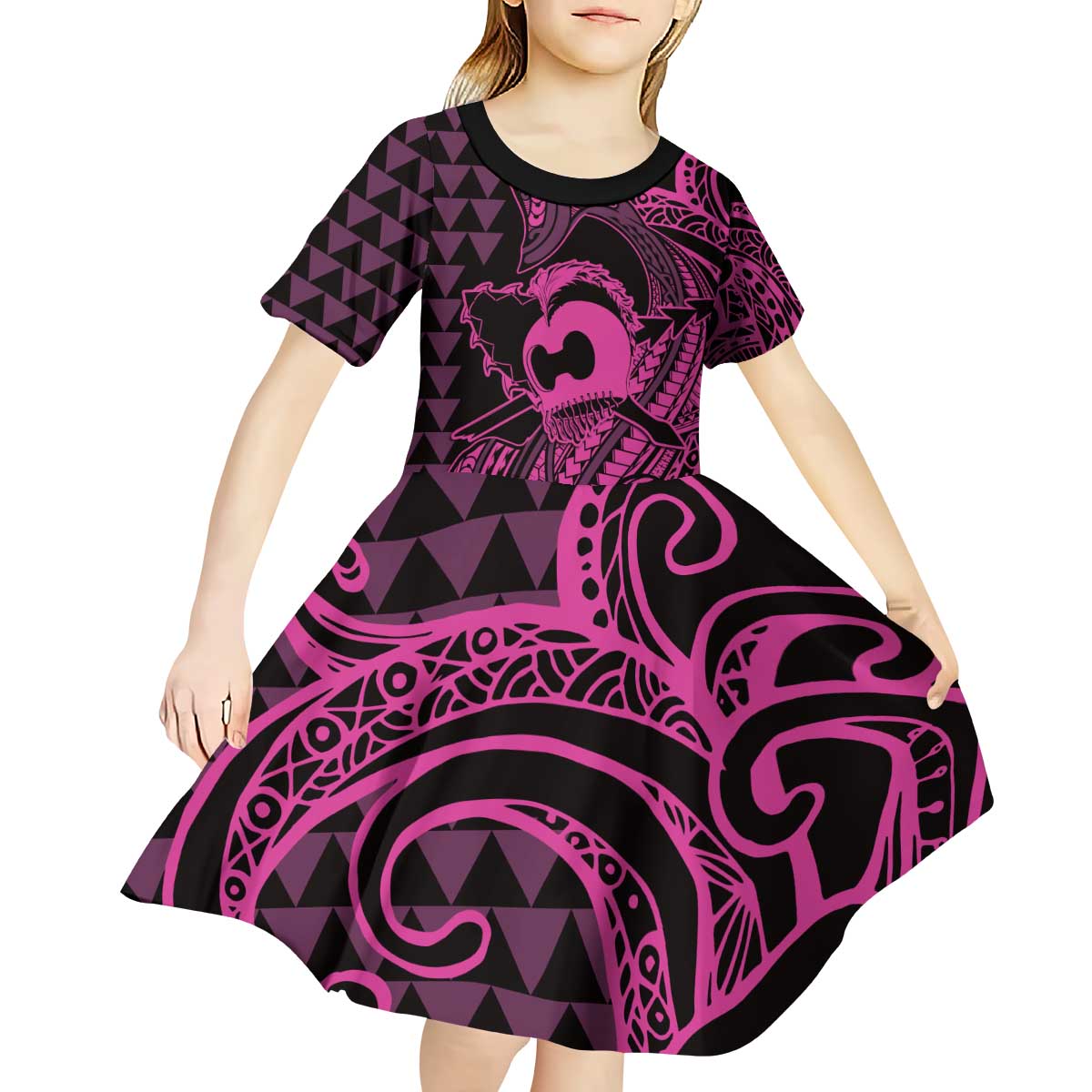 Koa Ikaika Warrior Helmet with Shark Kid Short Sleeve Dress Pink Kakau Style