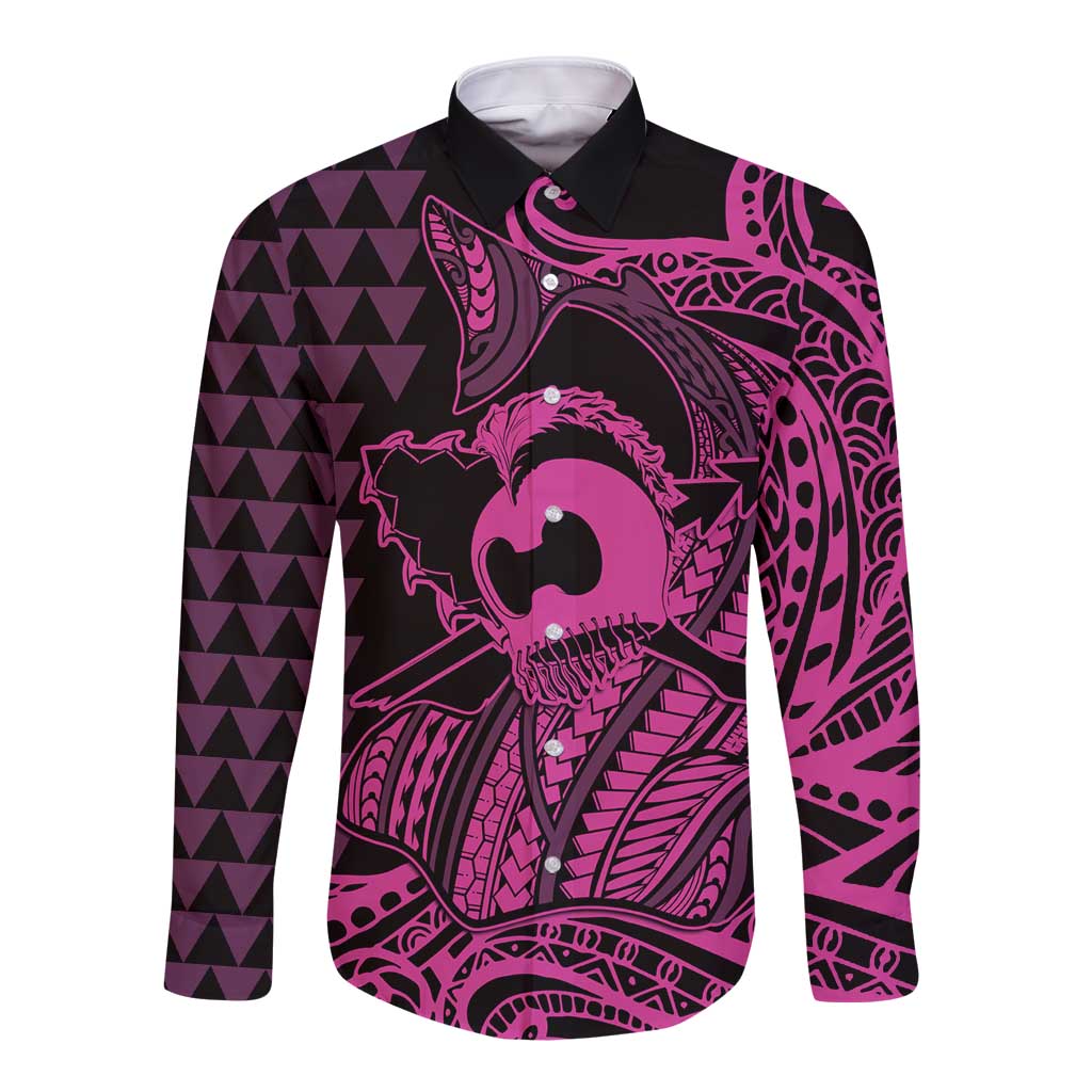 Koa Ikaika Warrior Helmet with Shark Long Sleeve Button Shirt Pink Kakau Style
