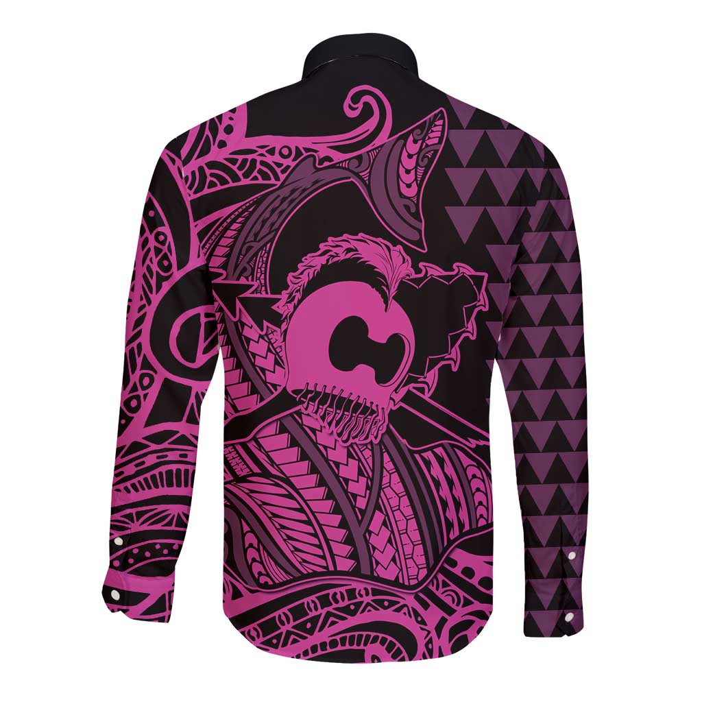 Koa Ikaika Warrior Helmet with Shark Long Sleeve Button Shirt Pink Kakau Style