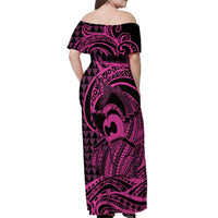 Koa Ikaika Warrior Helmet with Shark Off Shoulder Maxi Dress Pink Kakau Style LT9 - Polynesian Pride