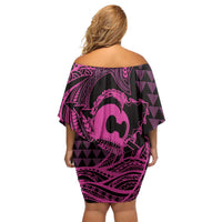 Koa Ikaika Warrior Helmet with Shark Off Shoulder Short Dress Pink Kakau Style LT9 - Polynesian Pride
