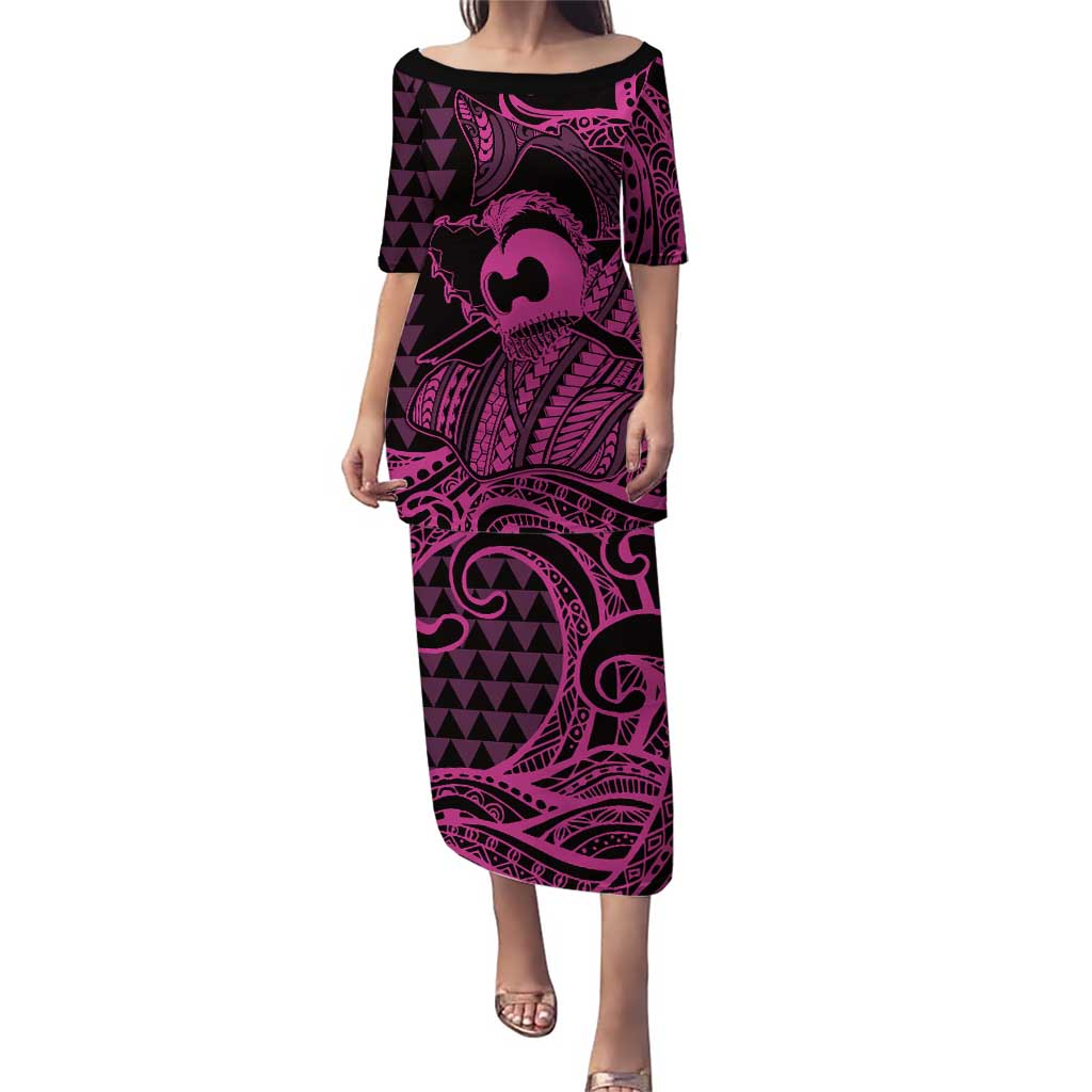 Koa Ikaika Warrior Helmet with Shark Puletasi Pink Kakau Style LT9 Long Dress Pink - Polynesian Pride