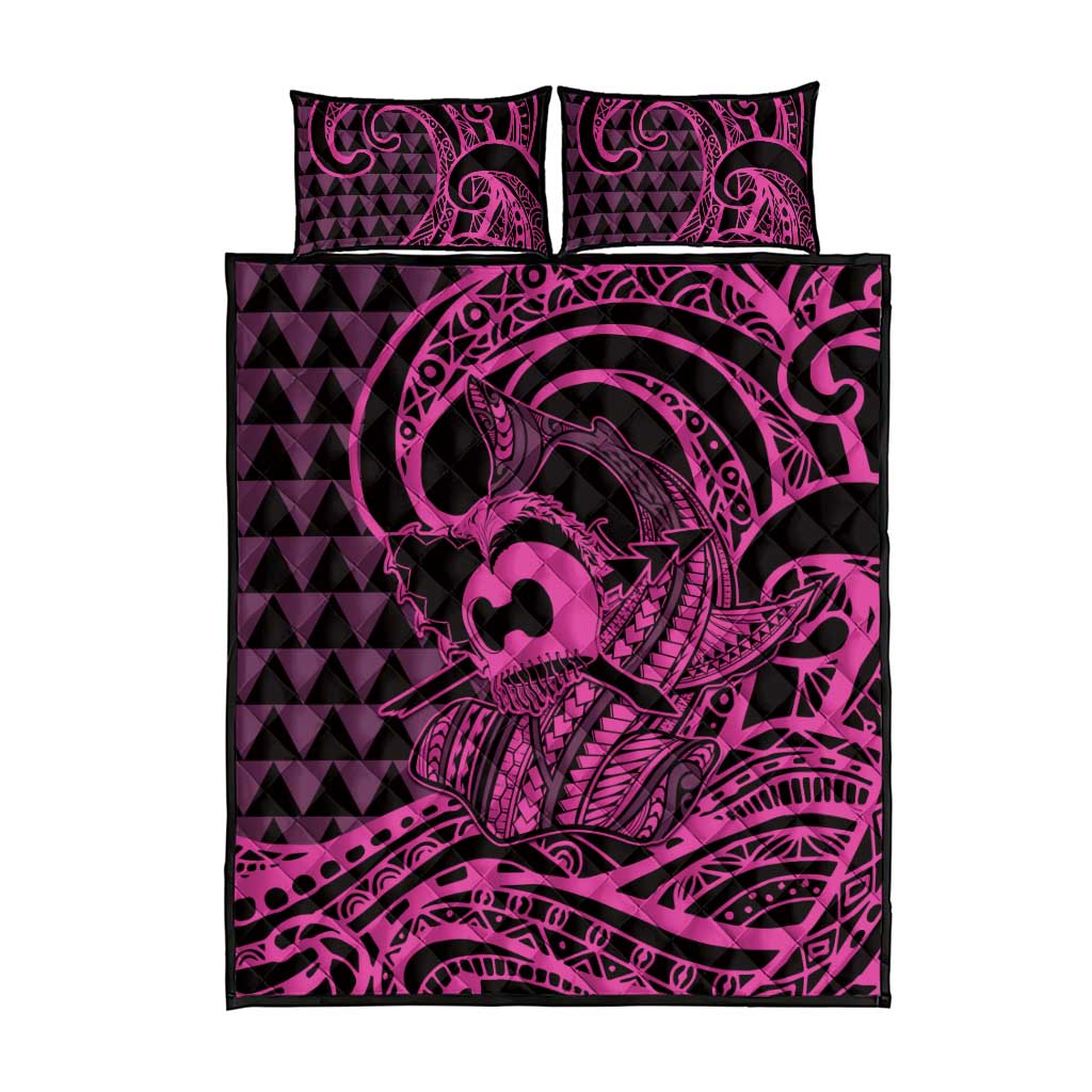 Koa Ikaika Warrior Helmet with Shark Quilt Bed Set Pink Kakau Style LT9 - Polynesian Pride