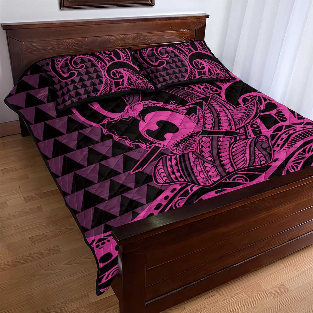 Koa Ikaika Warrior Helmet with Shark Quilt Bed Set Pink Kakau Style LT9 - Polynesian Pride