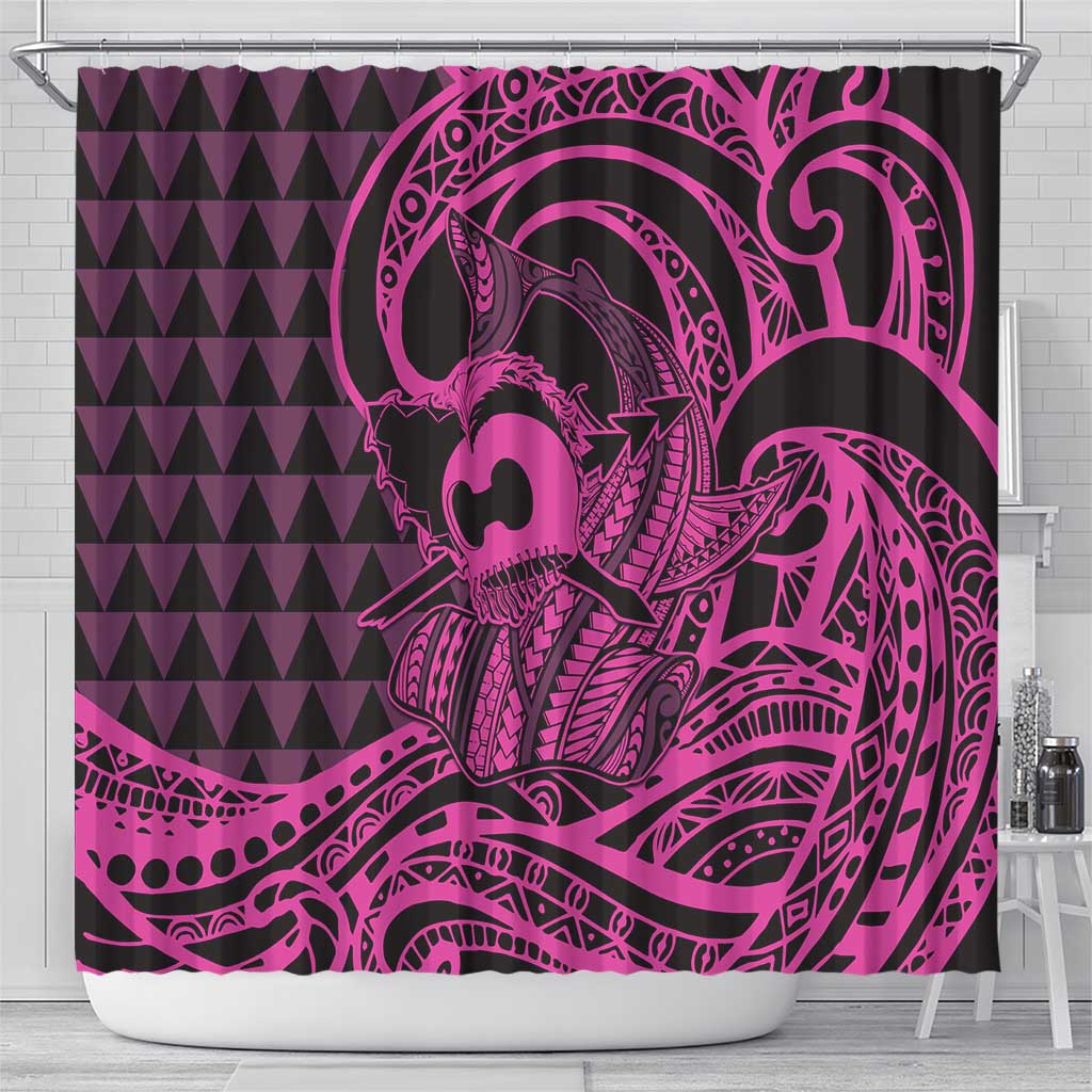Koa Ikaika Warrior Helmet with Shark Shower Curtain Pink Kakau Style