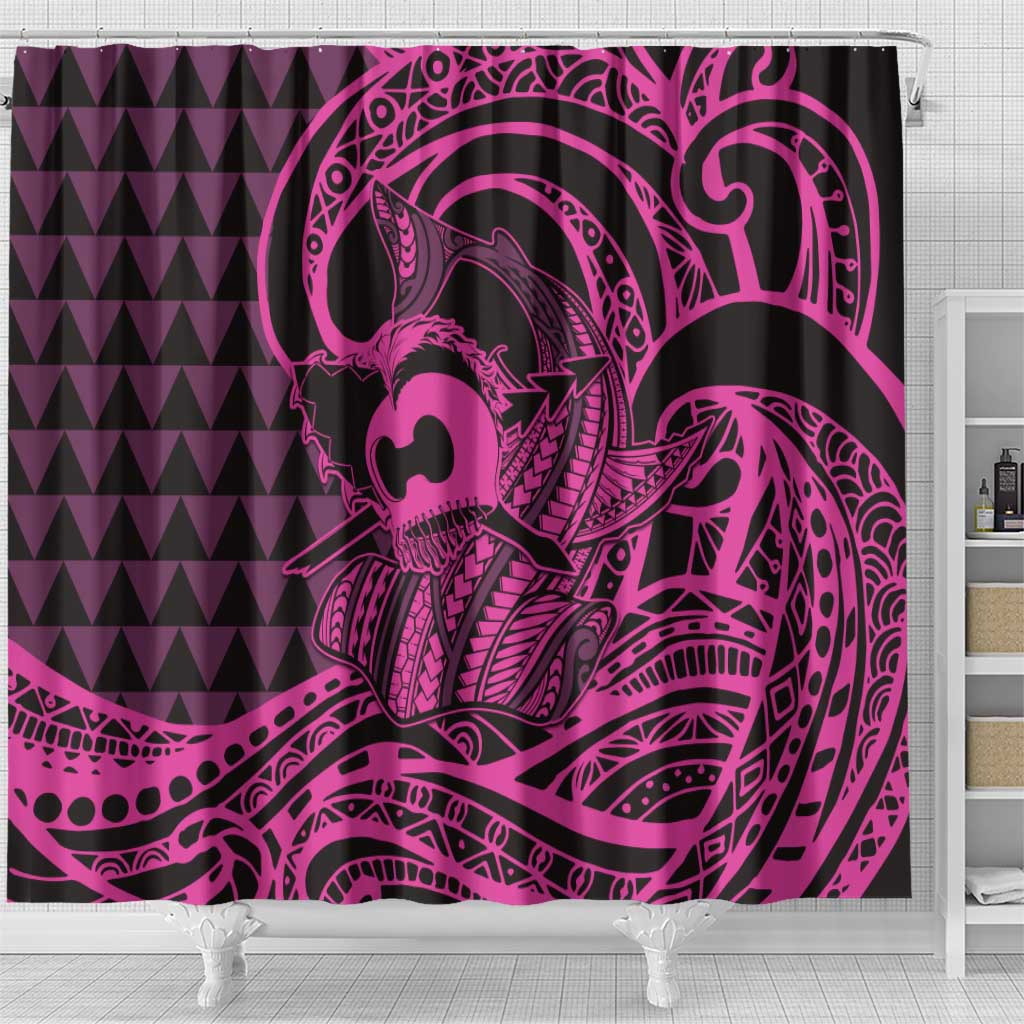 Koa Ikaika Warrior Helmet with Shark Shower Curtain Pink Kakau Style