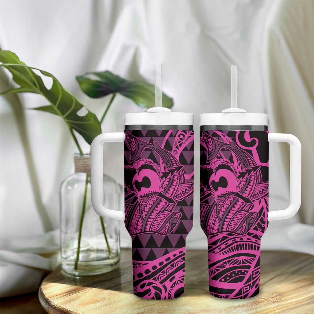 Koa Ikaika Warrior Helmet with Shark Tumbler With Handle Pink Kakau Style LT9 - Polynesian Pride
