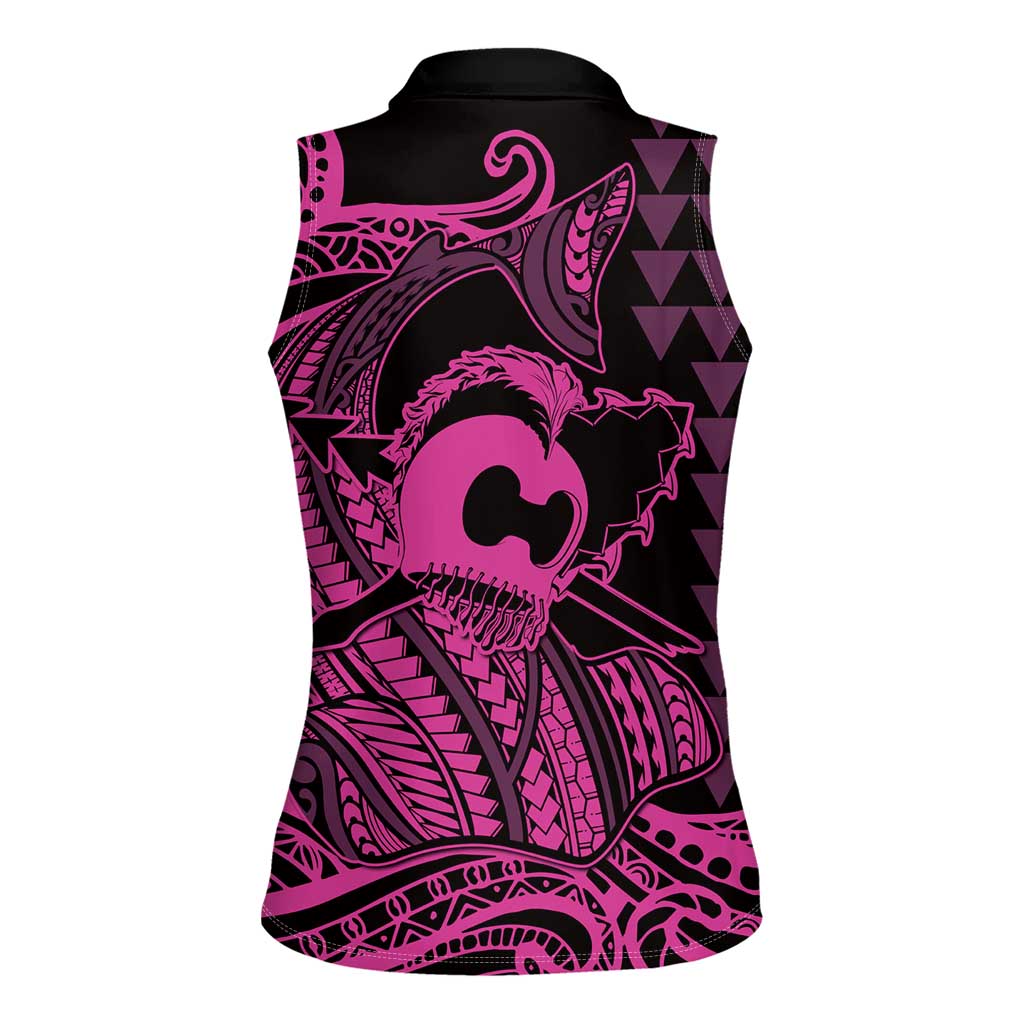 Koa Ikaika Warrior Helmet with Shark Women Sleeveless Polo Shirt Pink Kakau Style