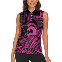Koa Ikaika Warrior Helmet with Shark Women Sleeveless Polo Shirt Pink Kakau Style