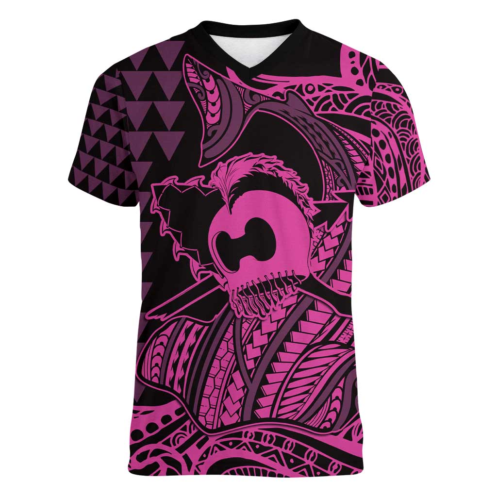 Koa Ikaika Warrior Helmet with Shark Women V-Neck T-Shirt Pink Kakau Style LT9 Female Pink - Polynesian Pride