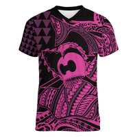 Koa Ikaika Warrior Helmet with Shark Women V-Neck T-Shirt Pink Kakau Style LT9 Female Pink - Polynesian Pride