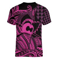 Koa Ikaika Warrior Helmet with Shark Women V-Neck T-Shirt Pink Kakau Style LT9 - Polynesian Pride