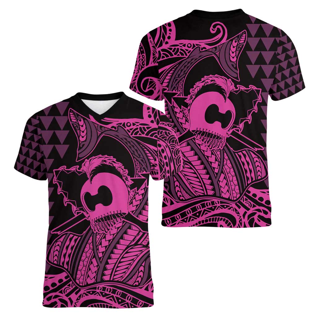 Koa Ikaika Warrior Helmet with Shark Women V-Neck T-Shirt Pink Kakau Style LT9 - Polynesian Pride