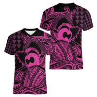Koa Ikaika Warrior Helmet with Shark Women V-Neck T-Shirt Pink Kakau Style LT9 - Polynesian Pride