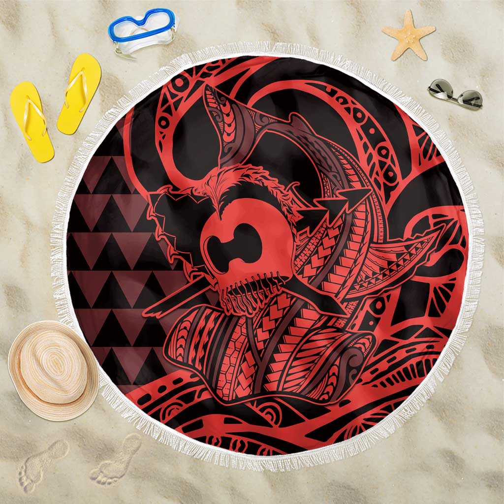 Koa Ikaika Warrior Helmet with Shark Beach Blanket Red Kakau Style LT9 One Size 150cm Red - Polynesian Pride