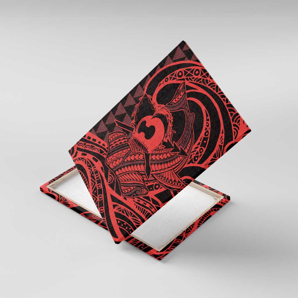 Koa Ikaika Warrior Helmet with Shark Canvas Wall Art Red Kakau Style LT9 With Frame Red - Polynesian Pride