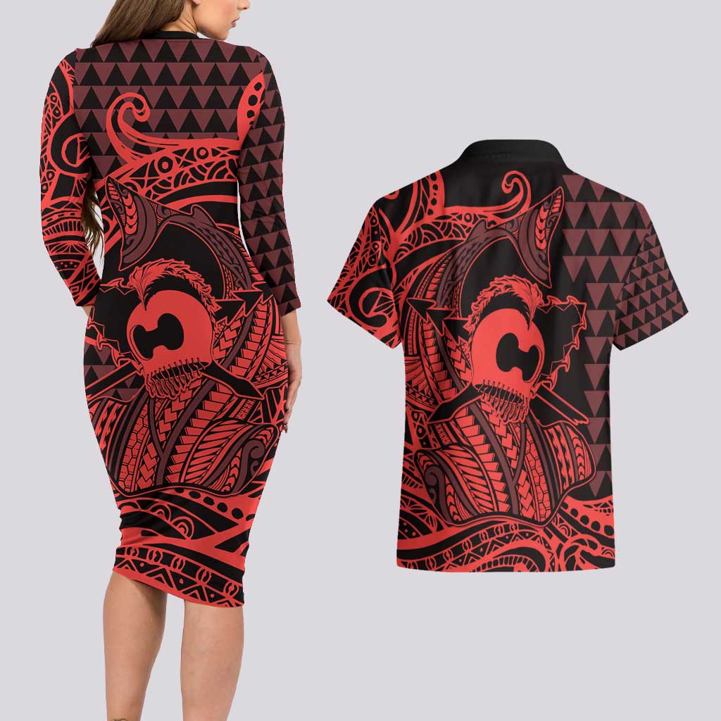 Koa Ikaika Warrior Helmet with Shark Couples Matching Long Sleeve Bodycon Dress and Hawaiian Shirt Red Kakau Style