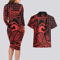 Koa Ikaika Warrior Helmet with Shark Couples Matching Long Sleeve Bodycon Dress and Hawaiian Shirt Red Kakau Style