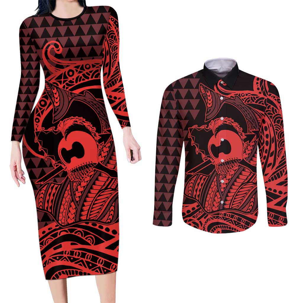 Koa Ikaika Warrior Helmet with Shark Couples Matching Long Sleeve Bodycon Dress and Long Sleeve Button Shirt Red Kakau Style LT9 Red - Polynesian Pride