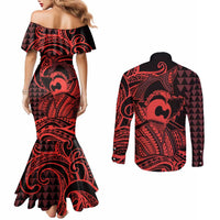 Koa Ikaika Warrior Helmet with Shark Couples Matching Mermaid Dress and Long Sleeve Button Shirt Red Kakau Style LT9 - Polynesian Pride