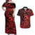 Koa Ikaika Warrior Helmet with Shark Couples Matching Off Shoulder Maxi Dress and Hawaiian Shirt Red Kakau Style