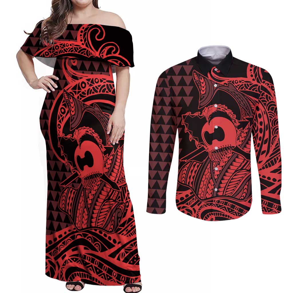 Koa Ikaika Warrior Helmet with Shark Couples Matching Off Shoulder Maxi Dress and Long Sleeve Button Shirt Red Kakau Style LT9 Red - Polynesian Pride