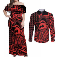Koa Ikaika Warrior Helmet with Shark Couples Matching Off Shoulder Maxi Dress and Long Sleeve Button Shirt Red Kakau Style LT9 Red - Polynesian Pride