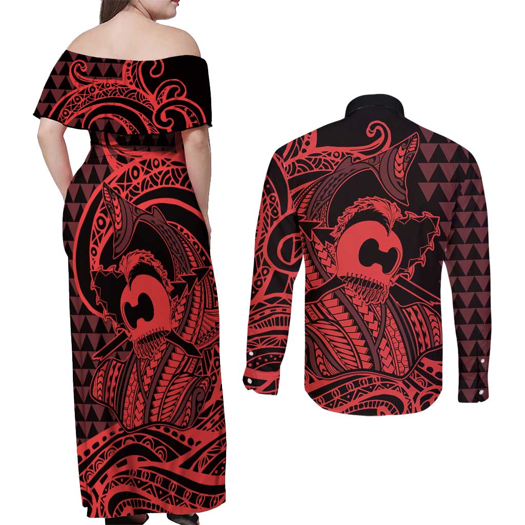 Koa Ikaika Warrior Helmet with Shark Couples Matching Off Shoulder Maxi Dress and Long Sleeve Button Shirt Red Kakau Style LT9 - Polynesian Pride