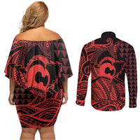 Koa Ikaika Warrior Helmet with Shark Couples Matching Off Shoulder Short Dress and Long Sleeve Button Shirt Red Kakau Style LT9 - Polynesian Pride