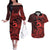 Koa Ikaika Warrior Helmet with Shark Couples Matching Off The Shoulder Long Sleeve Dress and Hawaiian Shirt Red Kakau Style