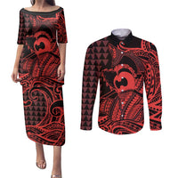 Koa Ikaika Warrior Helmet with Shark Couples Matching Puletasi and Long Sleeve Button Shirt Red Kakau Style LT9 Red - Polynesian Pride