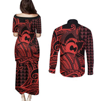 Koa Ikaika Warrior Helmet with Shark Couples Matching Puletasi and Long Sleeve Button Shirt Red Kakau Style LT9 - Polynesian Pride