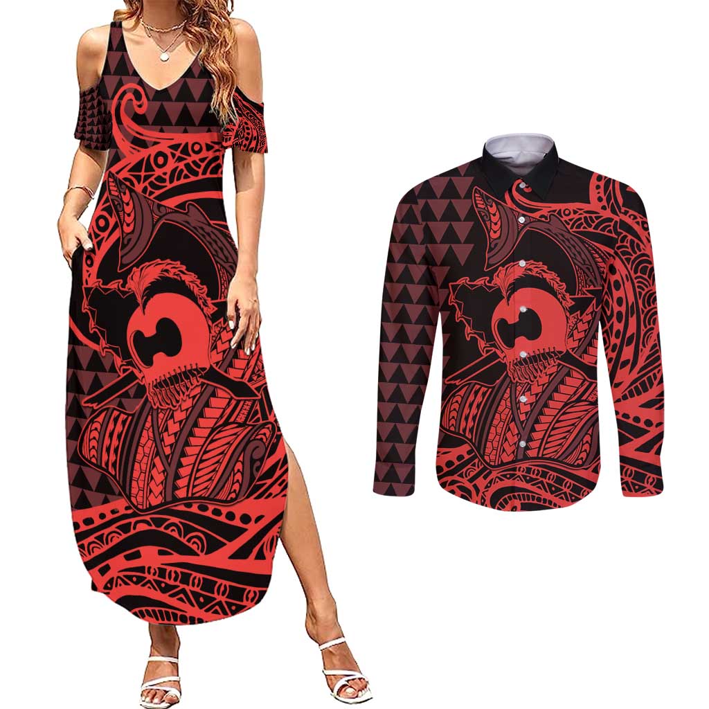 Koa Ikaika Warrior Helmet with Shark Couples Matching Summer Maxi Dress and Long Sleeve Button Shirt Red Kakau Style LT9 Red - Polynesian Pride