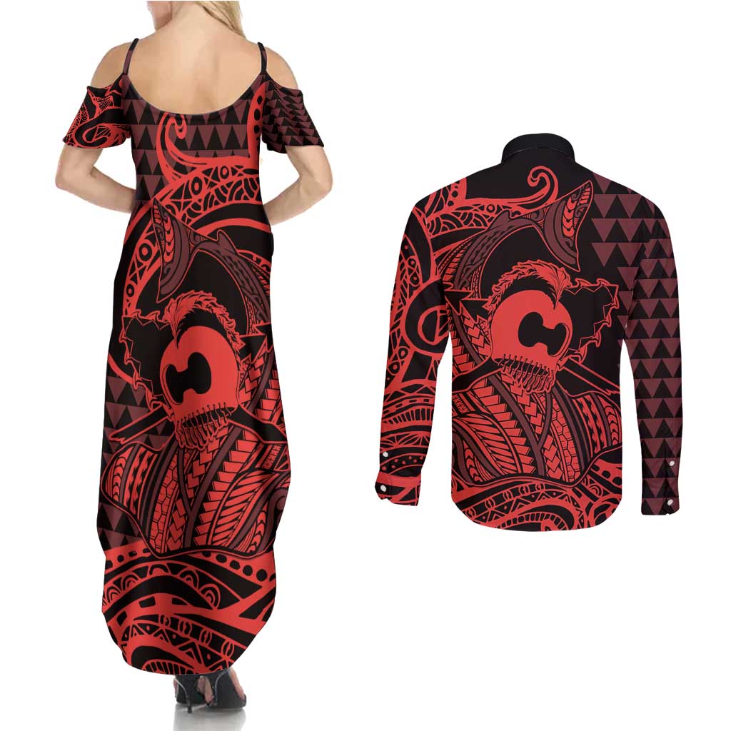 Koa Ikaika Warrior Helmet with Shark Couples Matching Summer Maxi Dress and Long Sleeve Button Shirt Red Kakau Style LT9 - Polynesian Pride