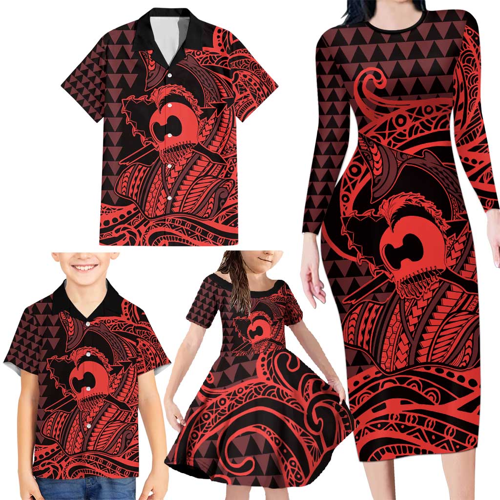 Koa Ikaika Warrior Helmet with Shark Family Matching Long Sleeve Bodycon Dress and Hawaiian Shirt Red Kakau Style