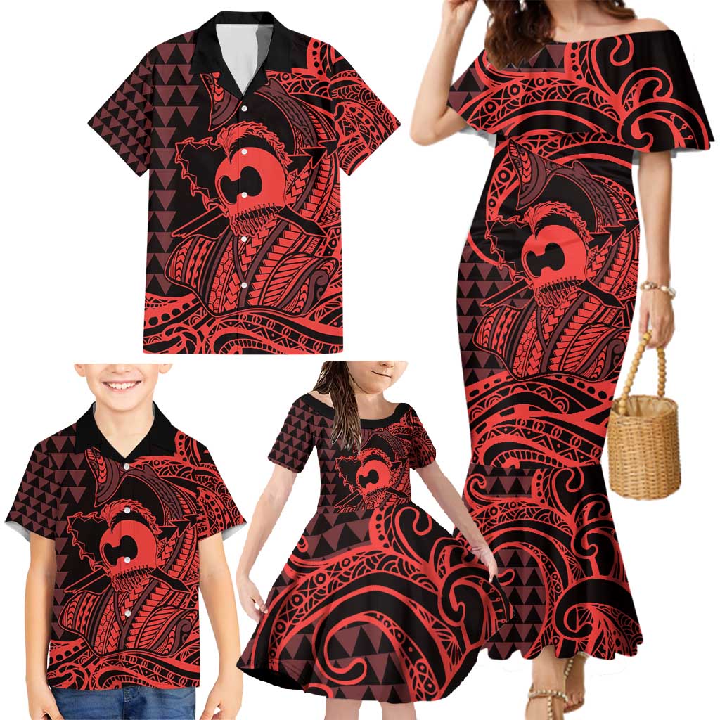 Koa Ikaika Warrior Helmet with Shark Family Matching Mermaid Dress and Hawaiian Shirt Red Kakau Style