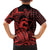 Koa Ikaika Warrior Helmet with Shark Family Matching Off The Shoulder Long Sleeve Dress and Hawaiian Shirt Red Kakau Style