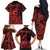 Koa Ikaika Warrior Helmet with Shark Family Matching Off The Shoulder Long Sleeve Dress and Hawaiian Shirt Red Kakau Style